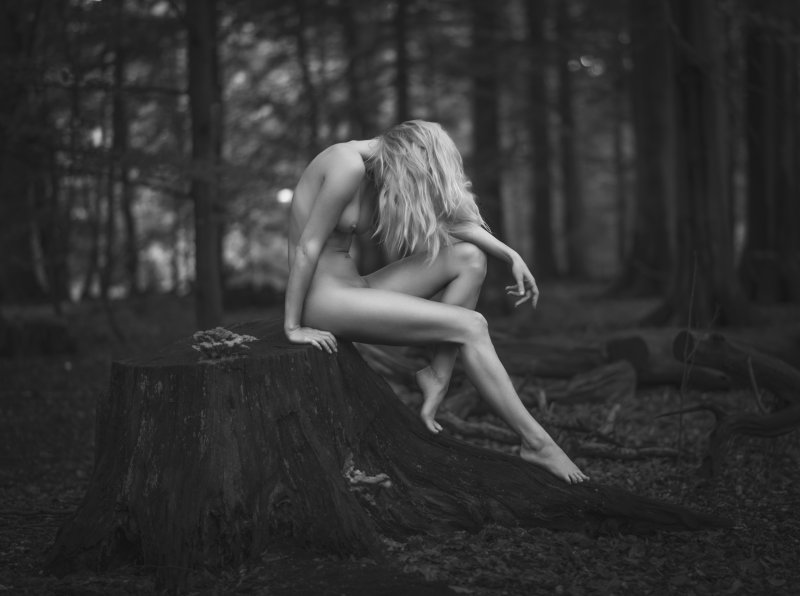 Nude woman sitting on a tree stump in the forest